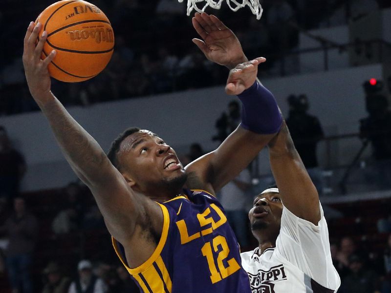 Feb 8, 2023; Starkville, Mississippi, USA; LSU Tigers forward KJ Williams (12) shoots as Mississippi State Bulldogs forward D.J. Jeffries (0) defends during the second half at Humphrey Coliseum. Mandatory Credit: Petre Thomas-USA TODAY Sports