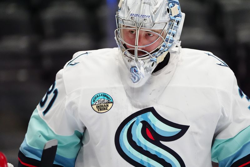 Nov 5, 2024; Denver, Colorado, USA; Seattle Kraken goaltender Philipp Grubauer (31) before the game against the Colorado Avalanche at Ball Arena. Mandatory Credit: Ron Chenoy-Imagn Images