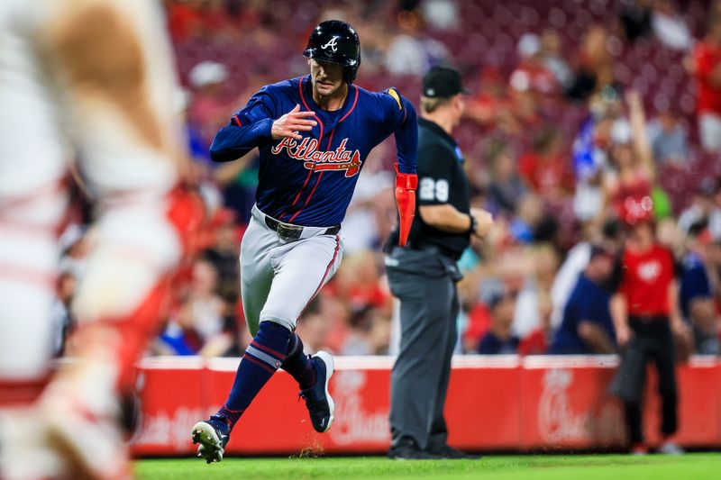 Sep 18, 2024; Cincinnati, Ohio, USA; Atlanta Braves outfielder Eli White (36) scores on a RBI double hit by outfielder Michael Harris II (not pictured) in the eighth inning against the Cincinnati Reds at Great American Ball Park. Mandatory Credit: Katie Stratman-Imagn Images
