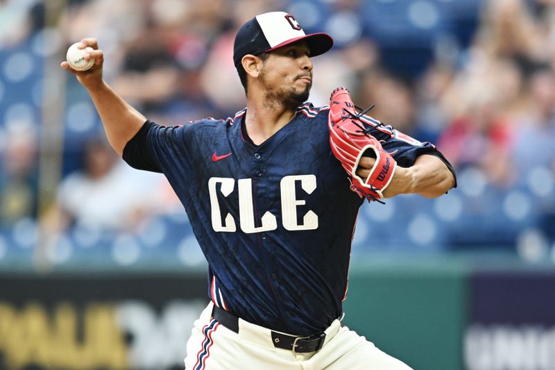 Jul 22, 2024; Cleveland, Ohio, USA; Cleveland Guardians starting pitcher Carlos Carrasco (59) throws a pitch during the first inning against the Detroit Tigers at Progressive Field. Mandatory Credit: Ken Blaze-USA TODAY Sports