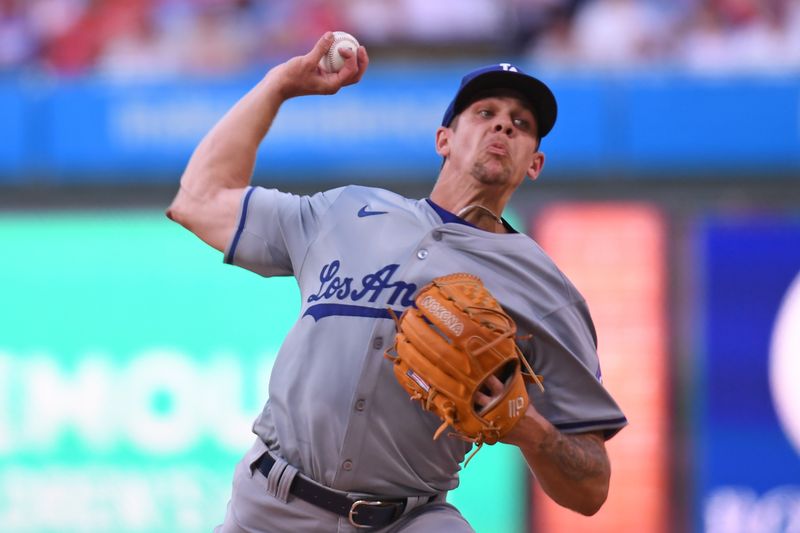 Jul 10, 2024; Philadelphia, Pennsylvania, USA; Los Angeles Dodgers pitcher Gavin Stone (35) throws a pitch during the first inning against the Philadelphia Phillies at Citizens Bank Park. Mandatory Credit: Eric Hartline-USA TODAY Sports