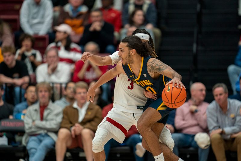 Mar 7, 2024; Stanford, California, USA; California Golden Bears guard Jaylon Tyson (20) dribbles the basketball against Stanford Cardinal guard Kanaan Carlyle (3) during the second quarter at Maples Pavillion. Mandatory Credit: Neville E. Guard-USA TODAY Sports