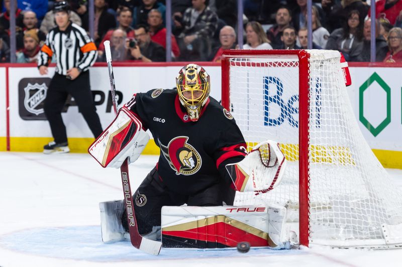 Apr 5, 2025; Ottawa, Ontario, CAN; Ottawa Senators goalie Anton Forsberg (31) makes a save in the second period against the Florida Panthers at the Canadian Tire Centre. Mandatory Credit: Marc DesRosiers-Imagn Images