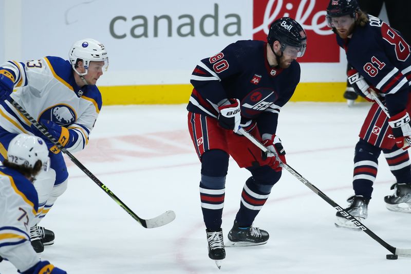 Jan 26, 2023; Winnipeg, Manitoba, CAN;  Winnipeg Jets forward Pierre-Luc Dubois (80) shields the puck from Buffalo Sabres forward Jeff Skinner (53) during the third period at Canada Life Centre. Mandatory Credit: Terrence Lee-USA TODAY Sports