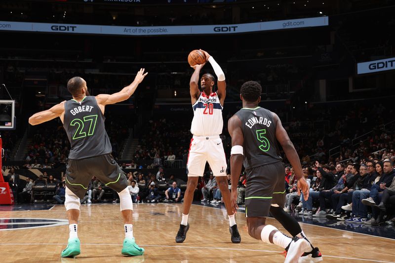 WASHINGTON, DC -? JANUARY 13:  Alexandre Sarr #20 of the Washington Wizards shoots the ball during the game against the Minnesota Timberwolves on January 13, 2025 at Capital One Arena in Washington, DC. NOTE TO USER: User expressly acknowledges and agrees that, by downloading and or using this Photograph, user is consenting to the terms and conditions of the Getty Images License Agreement. Mandatory Copyright Notice: Copyright 2025 NBAE (Photo by Stephen Gosling/NBAE via Getty Images)