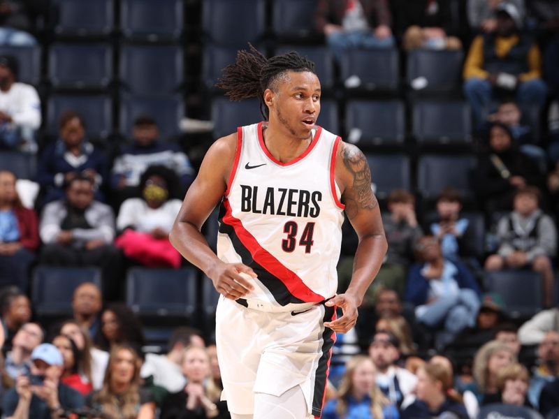 MEMPHIS, TN - MARCH 1: Jabari Walker #34 of the Portland Trail Blazers looks on during the game against the Memphis Grizzlies on March 1, 2024 at FedExForum in Memphis, Tennessee. NOTE TO USER: User expressly acknowledges and agrees that, by downloading and or using this photograph, User is consenting to the terms and conditions of the Getty Images License Agreement. Mandatory Copyright Notice: Copyright 2024 NBAE (Photo by Joe Murphy/NBAE via Getty Images)