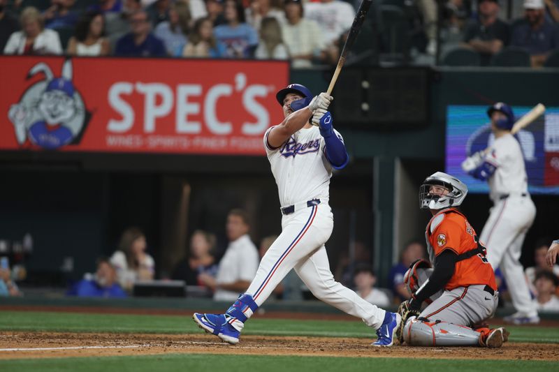 Jul 20, 2024; Arlington, Texas, USA; Texas Rangers designated hitter Justin Foscue (56) bats against the Baltimore Orioles in the seventh inning at Globe Life Field. Mandatory Credit: Tim Heitman-USA TODAY Sports
