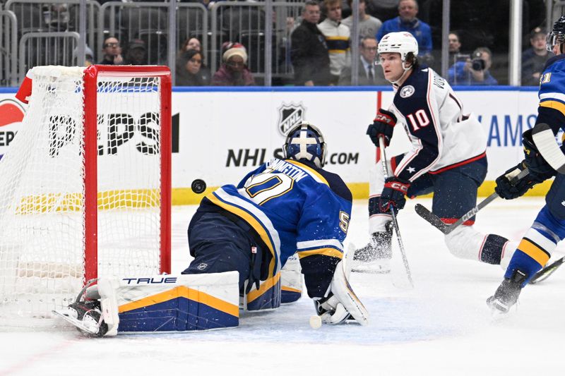 Jan 30, 2024; St. Louis, Missouri, USA; St. Louis Blues goaltender Jordan Binnington (50) gives up a goal to Columbus Blue Jackets left wing Dmitri Voronkov (10) during the third period at Enterprise Center. Mandatory Credit: Jeff Le-USA TODAY Sports