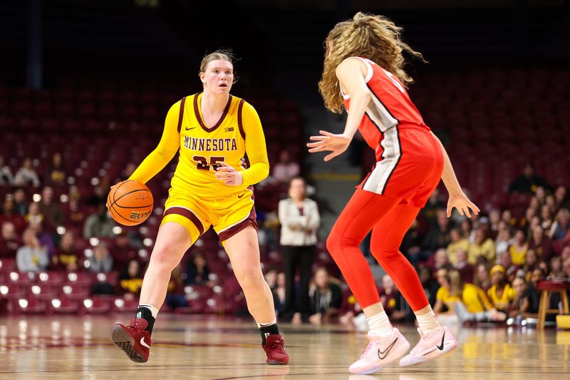 Feb 8, 2024; Minneapolis, Minnesota, USA; Minnesota Golden Gophers guard Grace Grocholski (25) dribbles as Ohio State Buckeyes guard Emma Shumate (5) defends during the first half at Williams Arena. Mandatory Credit: Matt Krohn-USA TODAY Sports