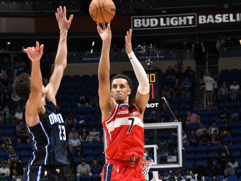 ORLANDO, FL - NOVMEBER 10: Patrick Baldwin Jr. #7 of the Washington Wizards shoots a three point basket during the game against the Orlando Magic on November 10, 2024 at Kia Center in Orlando, Florida. NOTE TO USER: User expressly acknowledges and agrees that, by downloading and or using this photograph, User is consenting to the terms and conditions of the Getty Images License Agreement. Mandatory Copyright Notice: Copyright 2024 NBAE (Photo by Fernando Medina/NBAE via Getty Images)