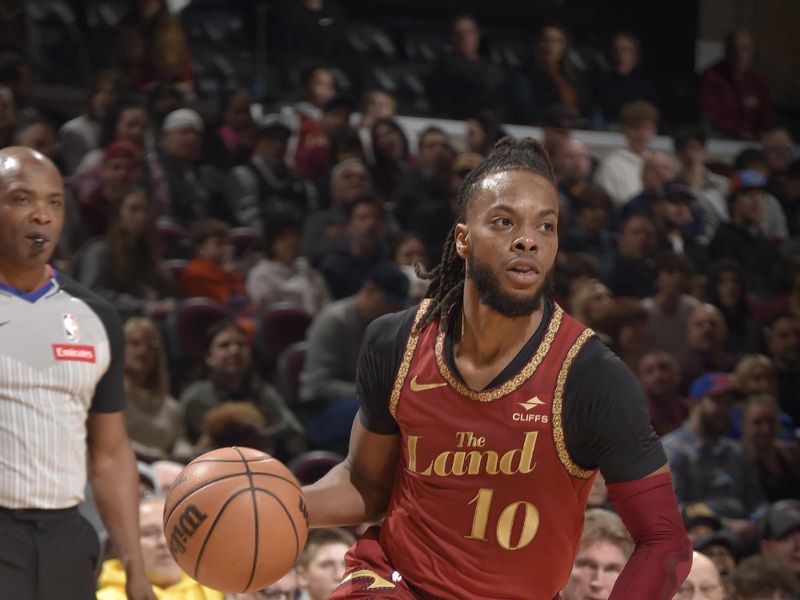 CLEVELAND, OH - MARCH 10: Darius Garland #10 of the Cleveland Cavaliers dribbles the ball during the game against the Brooklyn Nets on March 10, 2024 at Rocket Mortgage FieldHouse in Cleveland, Ohio. NOTE TO USER: User expressly acknowledges and agrees that, by downloading and/or using this Photograph, user is consenting to the terms and conditions of the Getty Images License Agreement. Mandatory Copyright Notice: Copyright 2024 NBAE (Photo by David Liam Kyle/NBAE via Getty Images)