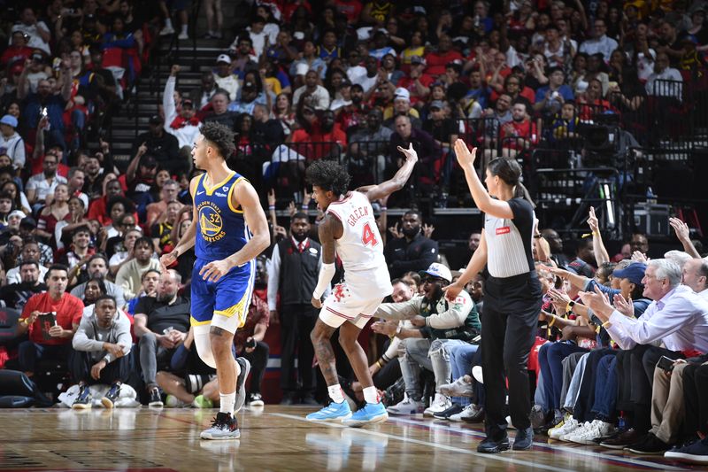 HOUSTON, TX - APRIL 4: Jalen Green #4 of the Houston Rockets celebrates a three point basket during the game against the Golden State Warriors on April 4, 2024 at the Toyota Center in Houston, Texas. NOTE TO USER: User expressly acknowledges and agrees that, by downloading and or using this photograph, User is consenting to the terms and conditions of the Getty Images License Agreement. Mandatory Copyright Notice: Copyright 2024 NBAE (Photo by Logan Riely/NBAE via Getty Images)