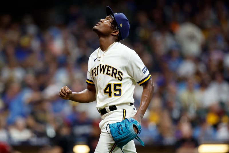 Oct 4, 2023; Milwaukee, Wisconsin, USA; Milwaukee Brewers relief pitcher Abner Uribe (45) leaves the mound in the sixth inning against the Arizona Diamondbacks during game two of the Wildcard series for the 2023 MLB playoffs at American Family Field. Mandatory Credit: Kamil Krzaczynski-USA TODAY Sports