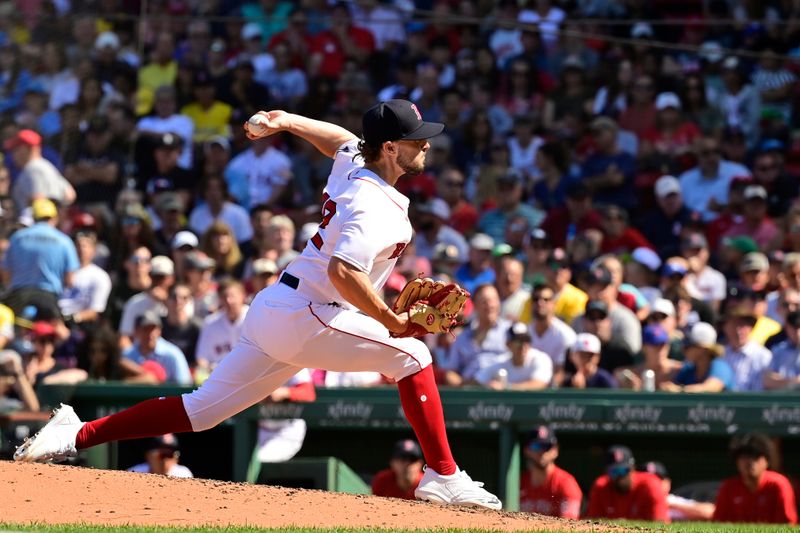 Aug 27, 2023; Boston, Massachusetts, USA; Boston Red Sox pitcher Garrett Whitlock (72) pitches against the Los Angeles Dodgers during the fifth inning at Fenway Park. Mandatory Credit: Eric Canha-USA TODAY Sports