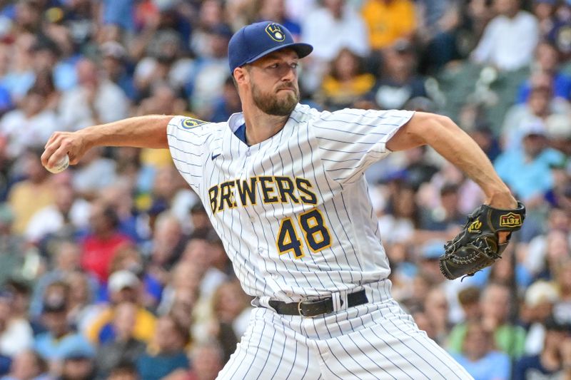 Sep 2, 2023; Milwaukee, Wisconsin, USA; Milwaukee Brewers pitcher Colin Rea (48) pitches against the Philadelphia Phillies in the first inning at American Family Field. Mandatory Credit: Benny Sieu-USA TODAY Sports