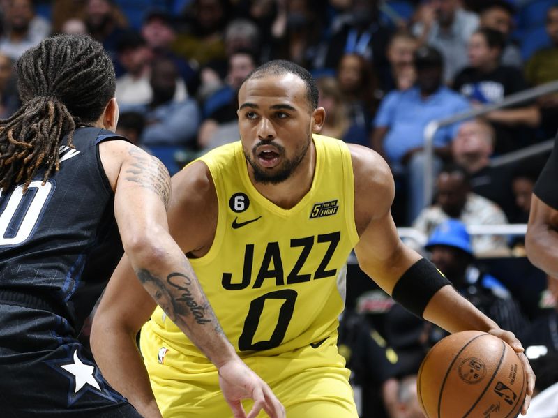 ORLANDO, FL - MARCH 9: Talen Horton-Tucker #0 of the Utah Jazz dribbles the ball during the game against the Orlando Magic on March 9, 2023 at Amway Center in Orlando, Florida. NOTE TO USER: User expressly acknowledges and agrees that, by downloading and or using this photograph, User is consenting to the terms and conditions of the Getty Images License Agreement. Mandatory Copyright Notice: Copyright 2023 NBAE (Photo by Fernando Medina/NBAE via Getty Images)