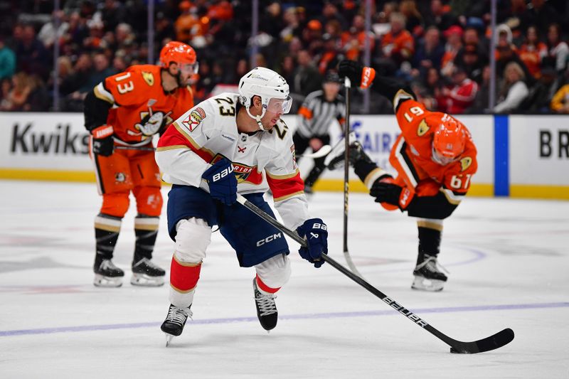 Jan 21, 2025; Anaheim, California, USA; Florida Panthers center Carter Verhaeghe (23) moves in for a shot against the Anaheim Ducks during the third period at Honda Center. Mandatory Credit: Gary A. Vasquez-Imagn Images