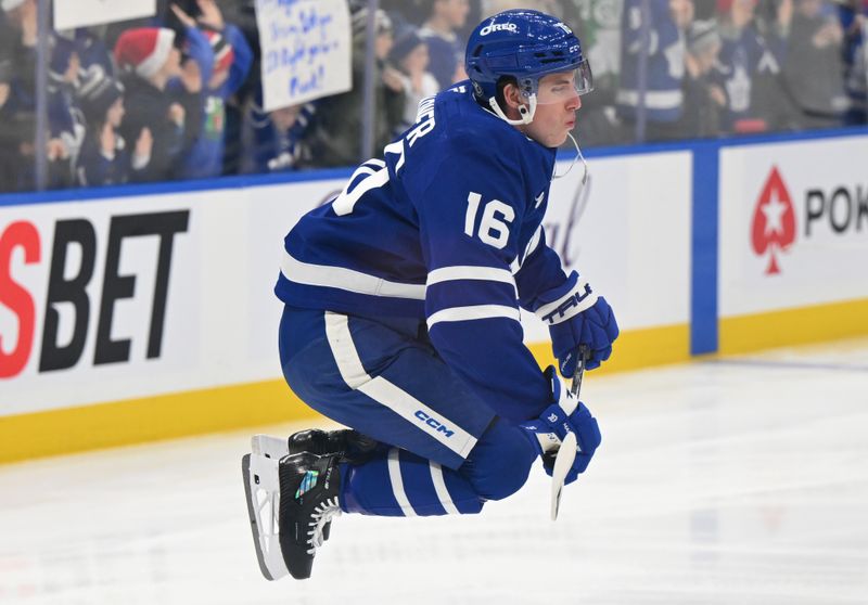 Dec 4, 2024; Toronto, Ontario, CAN;  Toronto Maple Leafs forward Mitch Marner (16) warms up before playing the Nashville Predators at Scotiabank Arena. Mandatory Credit: Dan Hamilton-Imagn Images