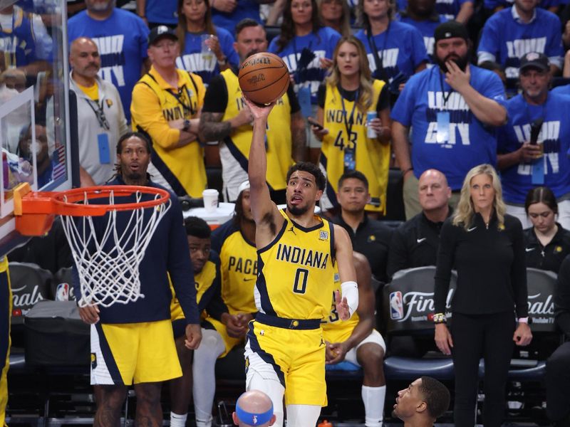 OKLAHOMA CITY, OK - JUNE 8: Tyrese Haliburton #0 of the Indiana Pacers shoots the ball during the game against the Oklahoma City Thunder during Game 2 of the 2025 NBA Finals on June 8, 2025 at Paycom Center in Oklahoma City, Oklahoma. NOTE TO USER: User expressly acknowledges and agrees that, by downloading and or using this photograph, User is consenting to the terms and conditions of the Getty Images License Agreement. Mandatory Copyright Notice: Copyright 2025 NBAE (Photo by Joe Murphy/NBAE via Getty Images)