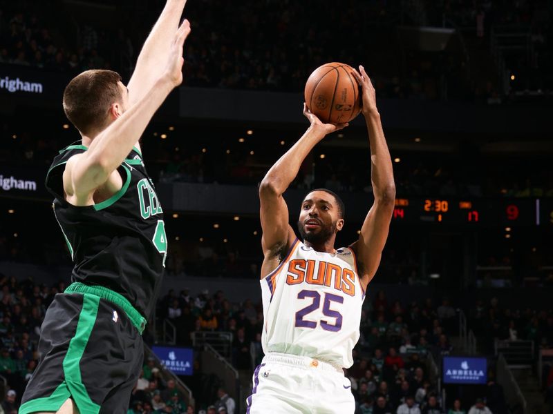 BOSTON, MA - FEBRUARY 3:  Mikal Bridges #25 of the Phoenix Suns shoots the ball during the game against the Boston Celtics on February 3, 2023 at TD Garden in Boston, Massachusetts.  NOTE TO USER: User expressly acknowledges and agrees that, by downloading and or using this photograph, User is consenting to the terms and conditions of the Getty Images License Agreement. Mandatory Copyright Notice: Copyright 2022 NBAE  (Photo by Nathaniel S. Butler/NBAE via Getty Images)