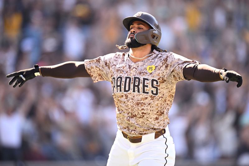 Sep 22, 2024; San Diego, California, USA; San Diego Padres designated hitter Fernando Tatis Jr. (23) celebrates after hitting a home run against the Chicago White Sox during the eighth inning at Petco Park. Mandatory Credit: Orlando Ramirez-Imagn Images