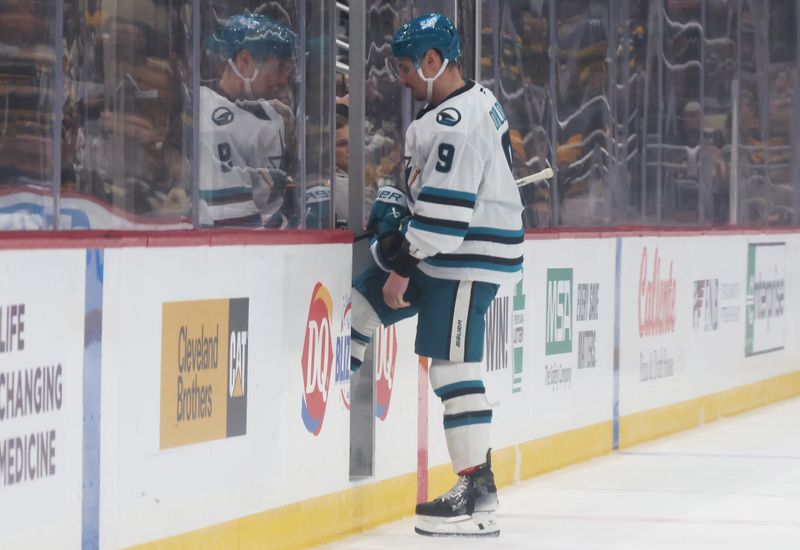 Dec 13, 2025; Pittsburgh, Pennsylvania, USA;  San Jose Sharks defenseman Dmitry Orlov (9) steps into the penalty box after an infraction against the Pittsburgh Penguins during the second period at PPG Paints Arena. Mandatory Credit: Charles LeClaire-Imagn Images