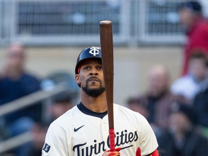 Apr 23, 2024; Minneapolis, Minnesota, USA; Minnesota Twins outfielder Byron Buxton (25) steps up to the plate in the first inning against the Chicago White Sox at Target Field. Mandatory Credit: Matt Blewett-USA TODAY Sports