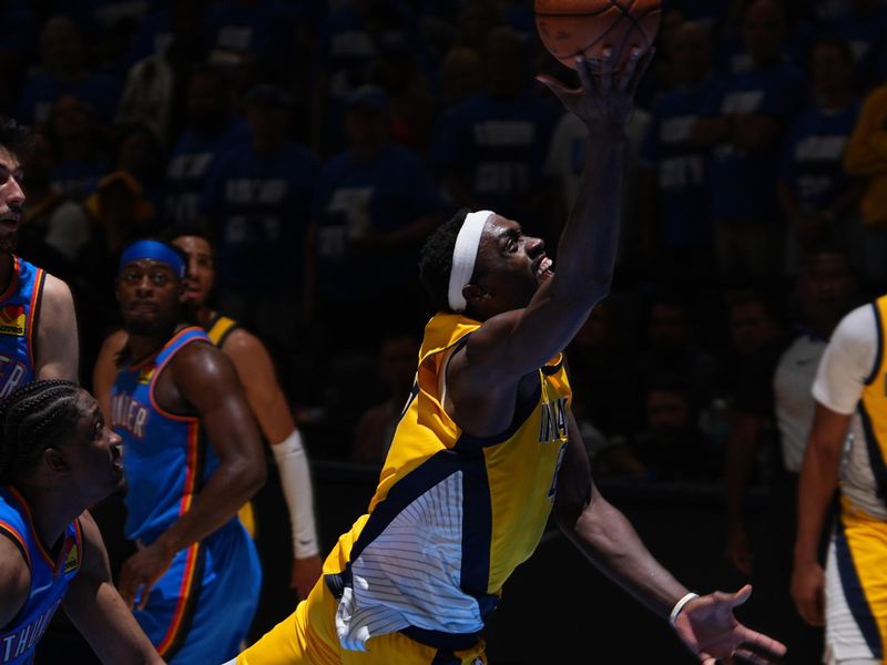 OKLAHOMA CITY, OK - JUNE 8: Pascal Siakam #43 of the Indiana Pacers drives to the basket during the game against the Oklahoma City Thunder during Game One of the 2025 NBA Finals on June 8, 2025 at Paycom Center in Oklahoma City, Oklahoma. NOTE TO USER: User expressly acknowledges and agrees that, by downloading and or using this photograph, User is consenting to the terms and conditions of the Getty Images License Agreement. Mandatory Copyright Notice: Copyright 2025 NBAE (Photo byGarrett Ellwood /NBAE via Getty Images)