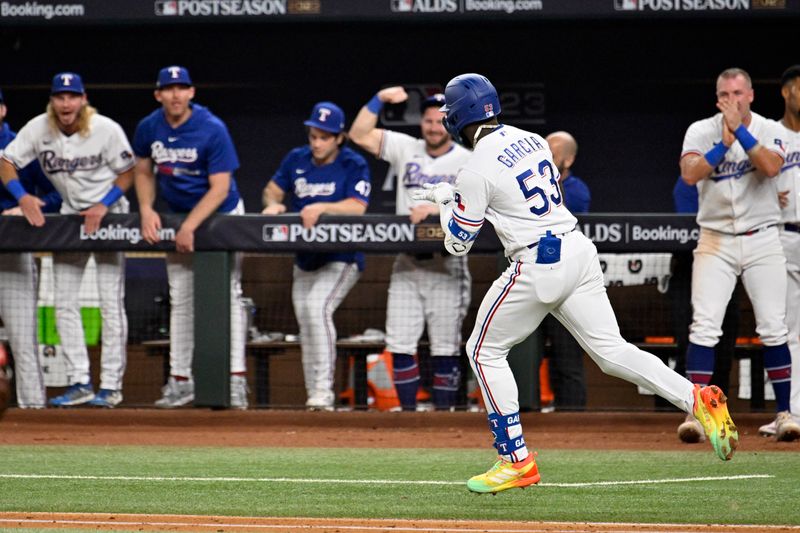 Oct 10, 2023; Arlington, Texas, USA; Texas Rangers right fielder Adolis Garcia (53) reacts after hitting a three run home run against the Baltimore Orioles in the second inning during game three of the ALDS for the 2023 MLB playoffs at Globe Life Field. Mandatory Credit: Jerome Miron-USA TODAY Sports