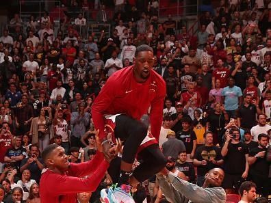 MIAMI, FL - OCTOBER 25: Bam Adebayo #13 of the Miami Heat before the game against the Detroit Pistons on October 25, 2023 at Kaseya Center in Miami, Florida. NOTE TO USER: User expressly acknowledges and agrees that, by downloading and or using this Photograph, user is consenting to the terms and conditions of the Getty Images License Agreement. Mandatory Copyright Notice: Copyright 2023 NBAE (Photo by Issac Baldizon/NBAE via Getty Images)