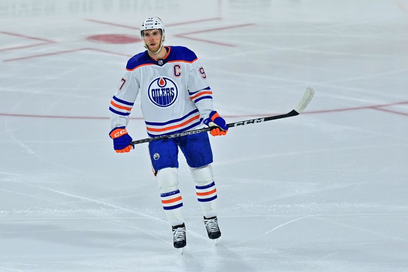 Mar 27, 2023; Tempe, Arizona, USA;  Edmonton Oilers center Connor McDavid (97) looks on prior to the game against the Arizona Coyotes at Mullett Arena. Mandatory Credit: Matt Kartozian-USA TODAY Sports