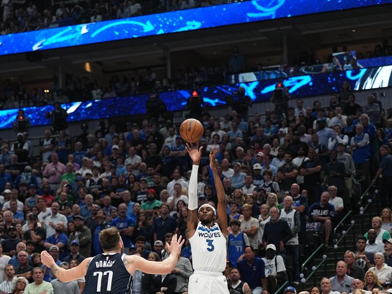 DALLAS, TX - MAY 28: Jaden McDaniels #3 of the Minnesota Timberwolves shoots the ball during the game against the Dallas Mavericks during Game 4 of the Western Conference Finals of the 2024 NBA Playoffs on May 28, 2024 at the American Airlines Center in Dallas, Texas. NOTE TO USER: User expressly acknowledges and agrees that, by downloading and or using this photograph, User is consenting to the terms and conditions of the Getty Images License Agreement. Mandatory Copyright Notice: Copyright 2024 NBAE (Photo by Glenn James/NBAE via Getty Images)
