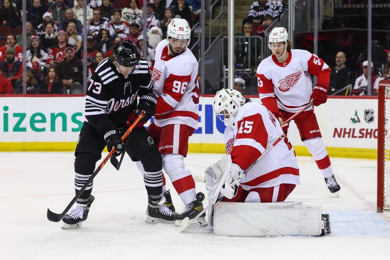 Dec 23, 2023; Newark, New Jersey, USA; Detroit Red Wings goaltender Michael Hutchinson (45) makes a save against the New Jersey Devils during the second period at Prudential Center. Mandatory Credit: Ed Mulholland-USA TODAY Sports