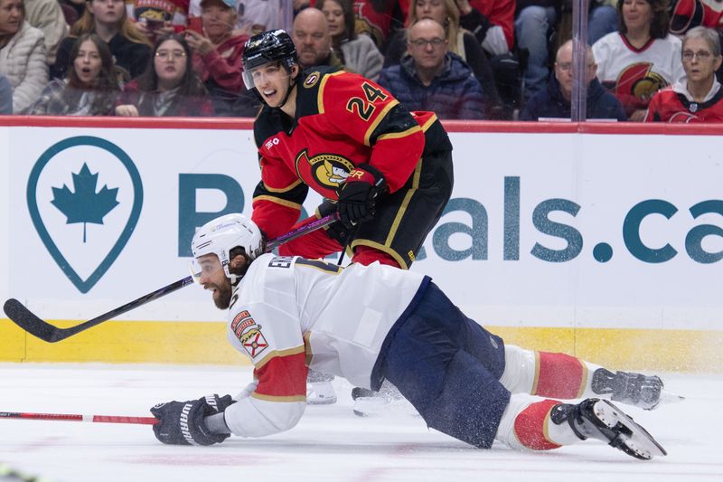 Jan 10, 2026; Ottawa, Ontario, CAN; Florida Panthers defenseman Aaron Ekblad (5) blocks a shot from Ottawa Senators center Dylan Cozens (24) in the first period at the Canadian Tire Centre. Mandatory Credit: Marc DesRosiers-IMAGN Images