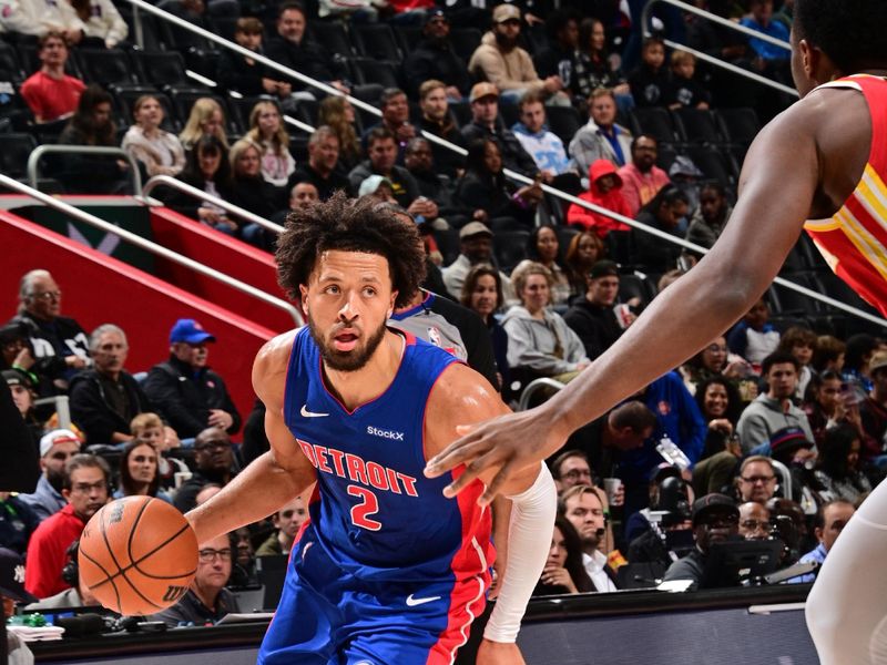 DETROIT, MI - NOVEMBER 8: Cade Cunningham #2 of the Detroit Pistons dribbles the ball during the game against the Atlanta Hawks on November  8, 2024 at Little Caesars Arena in Detroit, Michigan. NOTE TO USER: User expressly acknowledges and agrees that, by downloading and/or using this photograph, User is consenting to the terms and conditions of the Getty Images License Agreement. Mandatory Copyright Notice: Copyright 2024 NBAE (Photo by Chris Schwegler/NBAE via Getty Images)