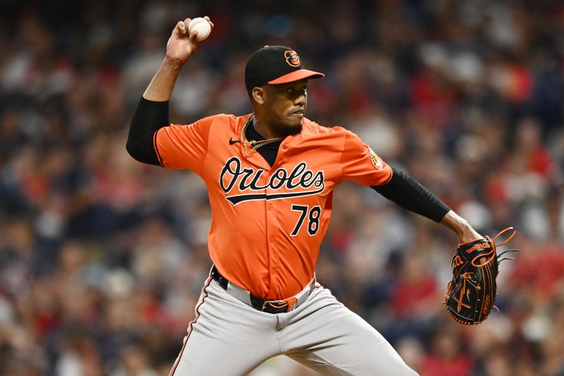 Aug 3, 2024; Cleveland, Ohio, USA; Baltimore Orioles relief pitcher Yennier Cano (78) throws a pitch during the ninth inning against the Cleveland Guardians at Progressive Field. Mandatory Credit: Ken Blaze-USA TODAY Sports