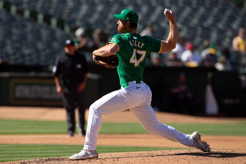 May 8, 2024; Oakland, California, USA; Oakland Athletics pitcher Michael Kelly (47) delivers a pitch against the Texas Rangers during the third inning at Oakland-Alameda County Coliseum. Mandatory Credit: D. Ross Cameron-USA TODAY Sports