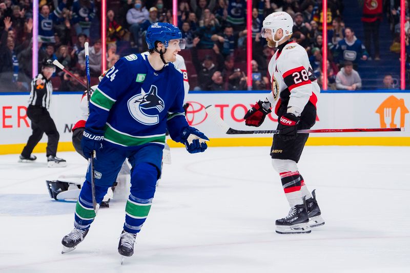 Jan 2, 2024; Vancouver, British Columbia, CAN; Ottawa Senators forward Claude Giroux (28) watches as Vancouver Canucks forward Pius Suter (24) celebrates his second goal of the game in the third period at Rogers Arena. Mandatory Credit: Bob Frid-USA TODAY Sports