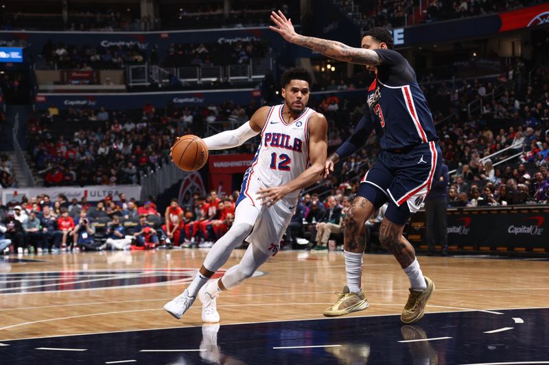 WASHINGTON, DC -? FEBRUARY 10: Tobias Harris #12 of the Philadelphia 76ers drives to the basket during the game against the Washington Wizards on February 10, 2024 at Capital One Arena in Washington, DC. NOTE TO USER: User expressly acknowledges and agrees that, by downloading and or using this Photograph, user is consenting to the terms and conditions of the Getty Images License Agreement. Mandatory Copyright Notice: Copyright 2024 NBAE (Photo by Kenny Giarla/NBAE via Getty Images)