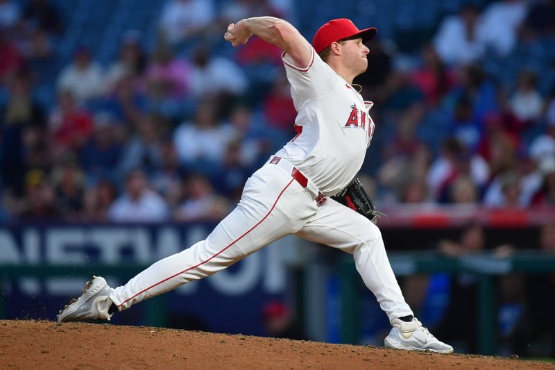 Jun 27, 2024; Anaheim, California, USA; Los Angeles Angels starting pitcher Davis Daniel (58) throws against the Detroit Tigers during the seventh inning at Angel Stadium. Mandatory Credit: Gary A. Vasquez-USA TODAY Sports