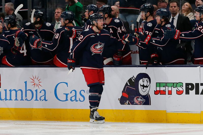 Mar 16, 2024; Columbus, Ohio, USA; Columbus Blue Jackets left wing Alexander Nylander (92) celebrates his goal against the San Jose Sharks during the second period at Nationwide Arena. Mandatory Credit: Russell LaBounty-USA TODAY Sports