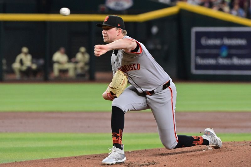 Jun 4, 2024; Phoenix, Arizona, USA;  San Francisco Giants pitcher Kyle Harrison (45) throws in the first inning against the Arizona Diamondbacks at Chase Field. Mandatory Credit: Matt Kartozian-USA TODAY Sports