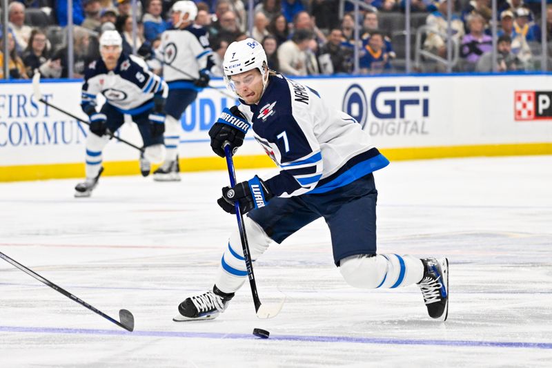 Nov 7, 2023; St. Louis, Missouri, USA;  Winnipeg Jets center Vladislav Namestnikov (7) controls the puck against the St. Louis Blues during the first period at Enterprise Center. Mandatory Credit: Jeff Curry-USA TODAY Sports