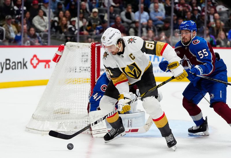 Apr 8, 2025; Denver, Colorado, USA; Colorado Avalanche defenseman Ryan Lindgren (55) and goaltender Scott Wedgewood (41) defend on Vegas Golden Knights right wing Mark Stone (61) in the third period at Ball Arena. Mandatory Credit: Ron Chenoy-Imagn Images