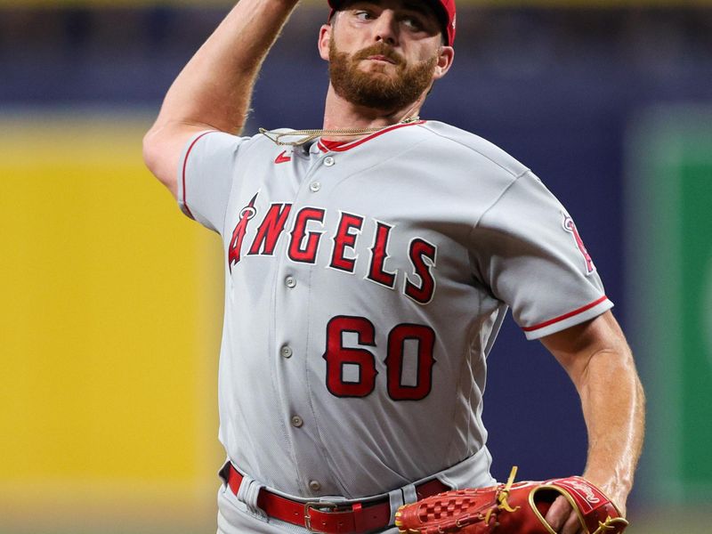 Sep 20, 2023; St. Petersburg, Florida, USA; Los Angeles Angels relief pitcher Andrew Wantz (60) throws a pitch against the Tampa Bay Rays in the sixth inning  at Tropicana Field. Mandatory Credit: Nathan Ray Seebeck-USA TODAY Sports