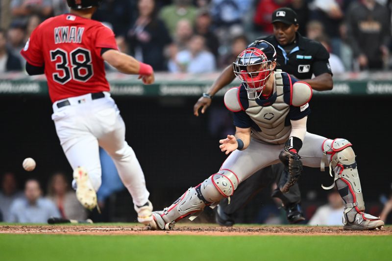 Jun 7, 2023; Cleveland, Ohio, USA; Boston Red Sox catcher Connor Wong (12) waits for the ball as Cleveland Guardians left fielder Steven Kwan (38) scores during the fifth inning at Progressive Field. Mandatory Credit: Ken Blaze-USA TODAY Sports