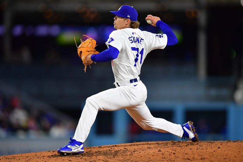 Apr 13, 2024; Los Angeles, California, USA; Los Angeles Dodgers pitcher Gavin Stone (71) throws against the San Diego Padres during the fourth inning  at Dodger Stadium. Mandatory Credit: Gary A. Vasquez-USA TODAY Sports