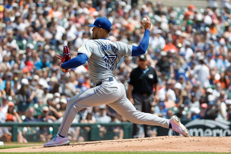 May 25, 2024; Detroit, Michigan, USA; Toronto Blue Jays starting pitcher José Berríos (17) pitches during the first inning of the game against the Detroit Tigers at Comerica Park. Mandatory Credit: Brian Bradshaw Sevald-USA TODAY Sports