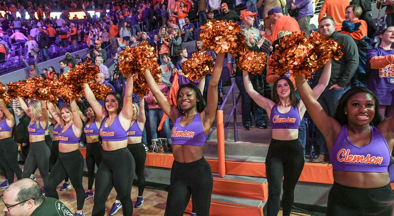 Jan 13, 2024; Clemson, South Carolina, USA; Clemson Tigers Rally Cats cheer during the second half against the Boston College Eagles at Littlejohn Coliseum. Mandatory Credit: Ken Ruinard-USA TODAY Sports