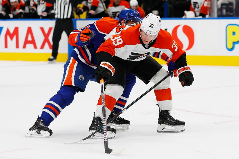 Oct 15, 2024; Edmonton, Alberta, CAN; Edmonton Oilers defensemen Evan Bouchard (2) tries to tie up Philadelphia Flyers forward Matvei Michkov (39) during the second period at Rogers Place. Mandatory Credit: Perry Nelson-Imagn Images